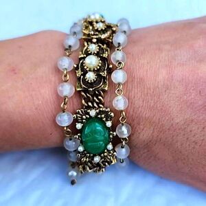 Antiqued Gold jade pearl triple strand link panel bracelet